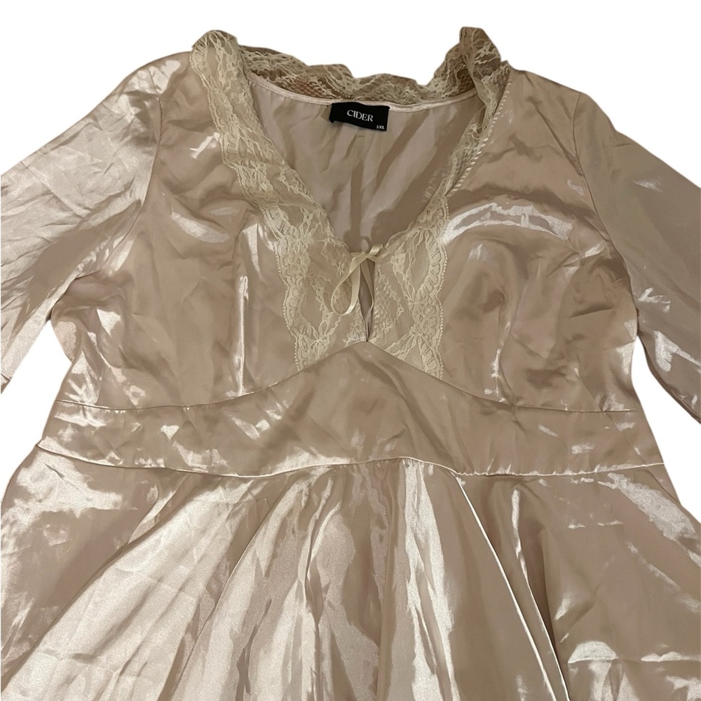 SOLD Cider 3X Shimmering Satin Lace Cream V-Neck Babydoll Fairy Mini Slip Dress - Picture 4 of 10